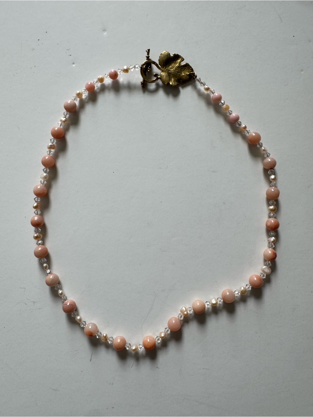 Handmade Pink Coral Beaded Necklace with Gold Leaf Clasp